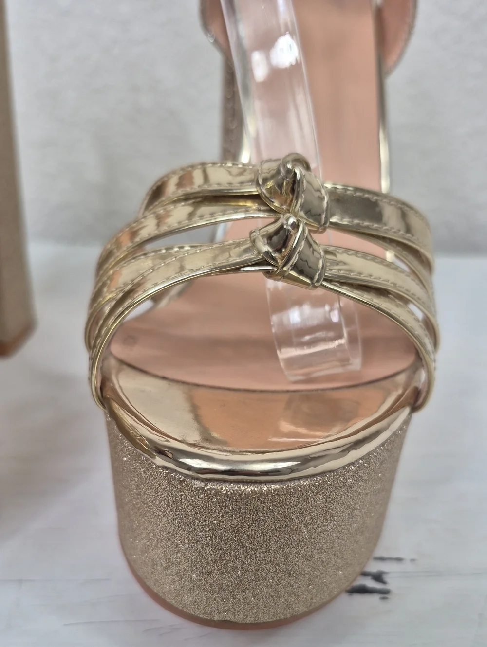 Gold Glitter Platform Block Heel Shoes Sandals Women's 10